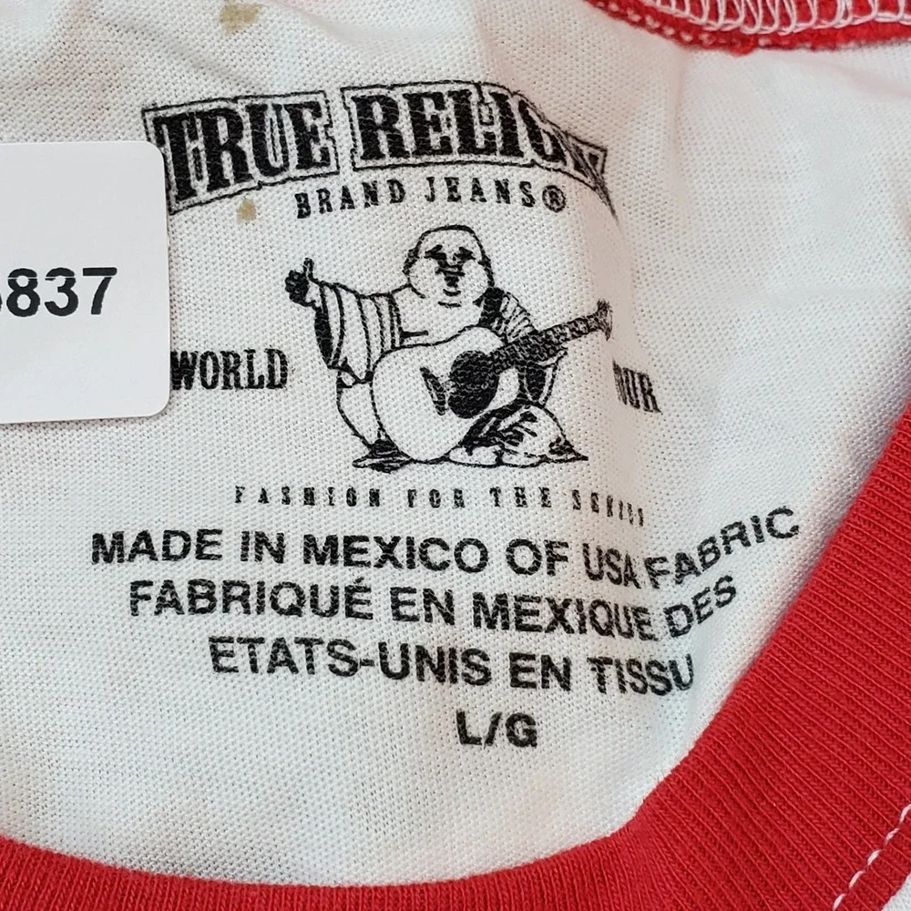 True‎ Religion Men Shirt L White Graphic Logo Number Raglan Baseball Tee